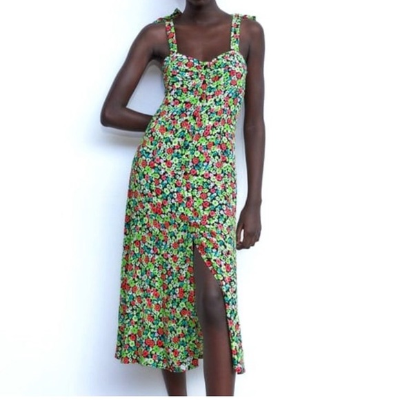 Zara✨Floral Print Green Pink Midi Dress - Picture 1 of 12